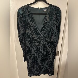 Tommy Hilfiger Dark Green Velvet and Mesh Long Sleeve Wrap Dress